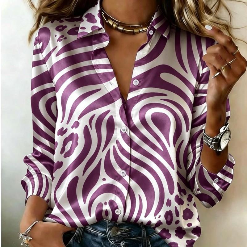 Women Satin Long Sleeve Shirt Abstract Swirl Leopard Print Blouse Lapel Single Breasted Loose Office Tops