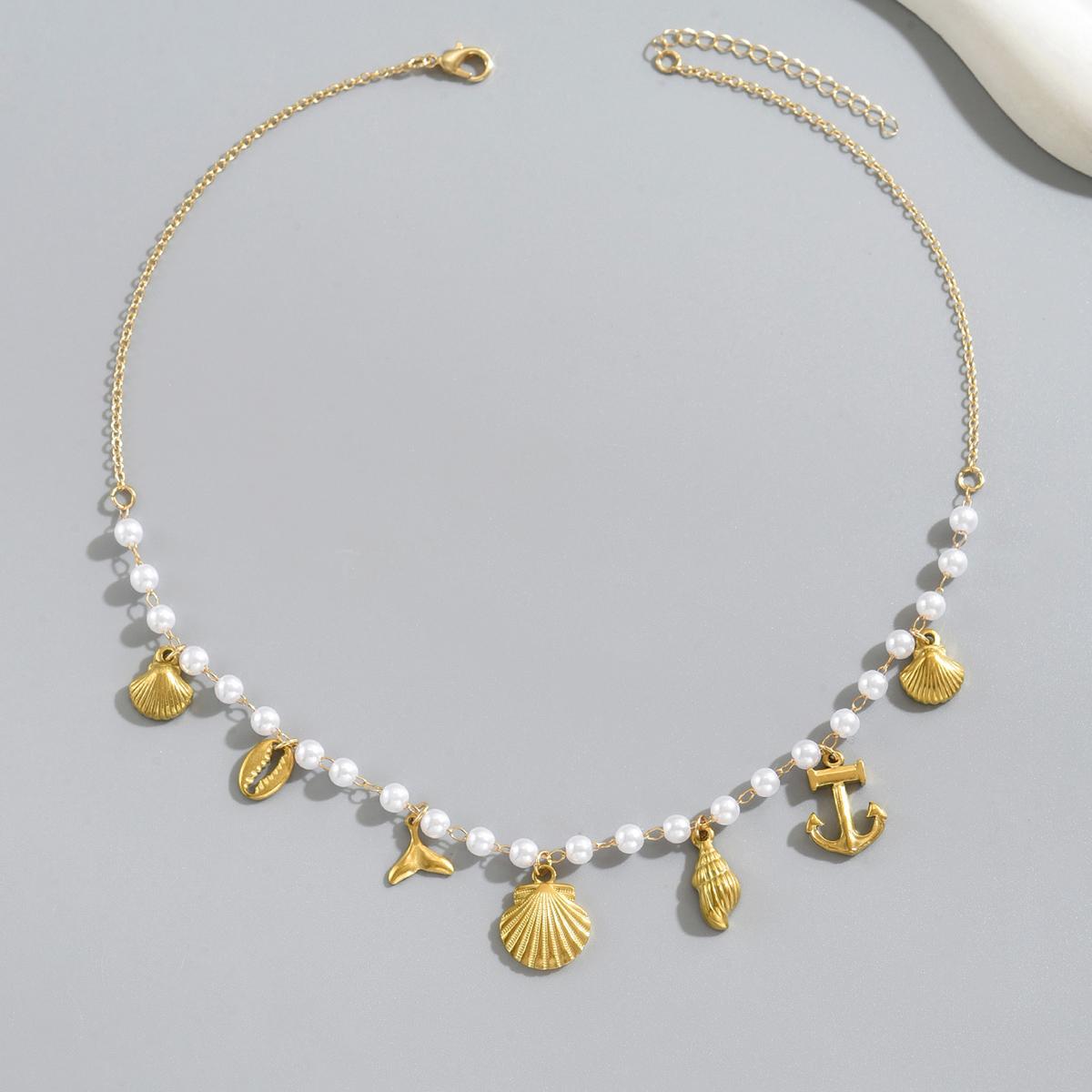 Shell Conch Fish Tail Anchor Charms Necklace Elegant Imitation Pearl Gold Color Chain Necklace Women s Summer Vacations Jewelry