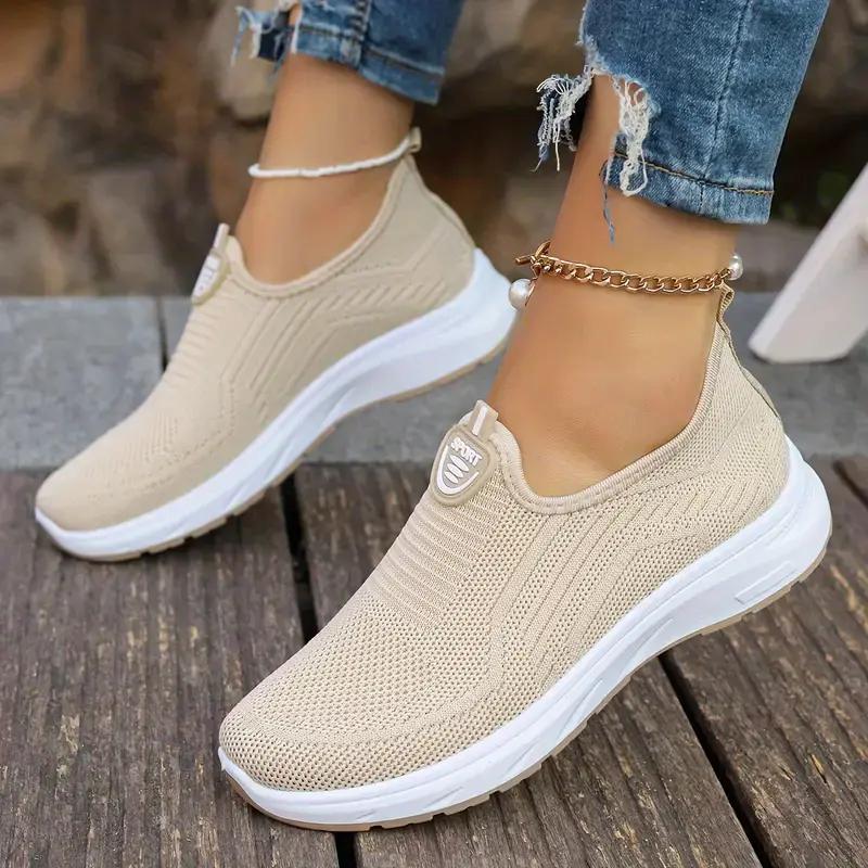 Women's Casual Mesh Sneakers - Breathable Solid Color Slip-On Fashion Shoes Walking Footwear