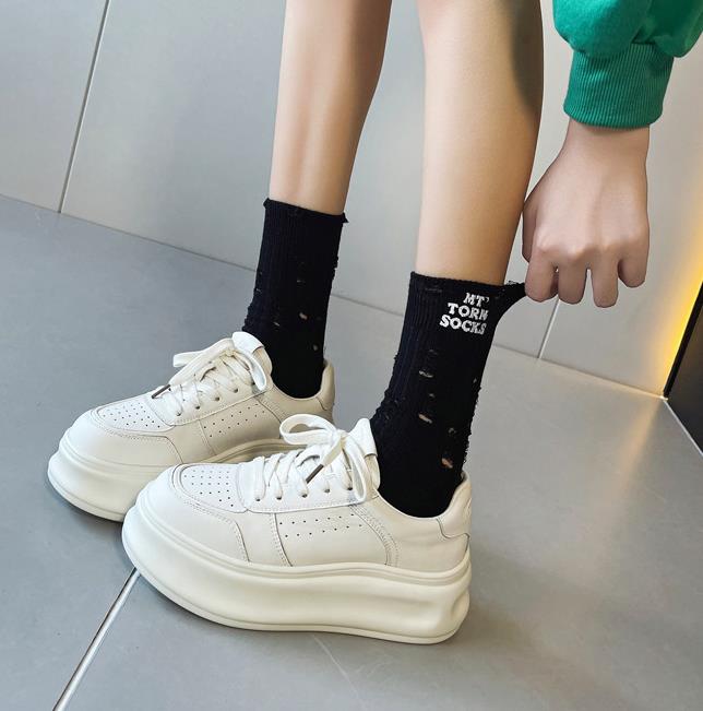 Fashion High Quality 6CM Newest Light Thick-Soled White Shoes Woman Spring Lace-Up Casual Sneakers Genuine Leather Vulcanized Shoes