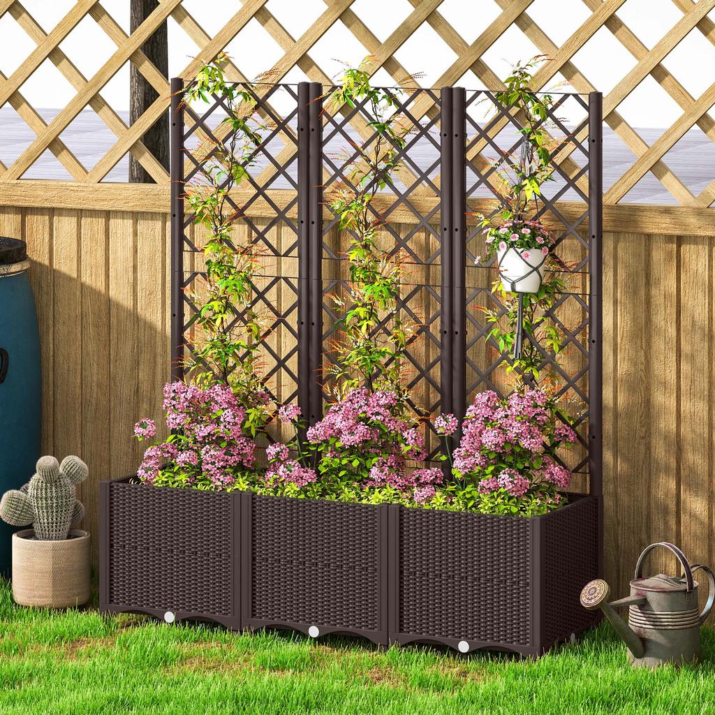 Raised Garden Bed with Trellis, Plastic Planter Box with Drainage Holes, Drain Plugs and Water Reservoirs for Climbing Plants, Vegetables, Flowers