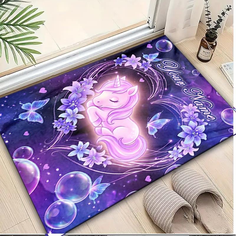 1PC Custom Name Unicorn Dreams Flowers Theme Floor Mat Ideal for Living Room, Game Rooms, Office, Bedroom,Floor Mat Playful Design