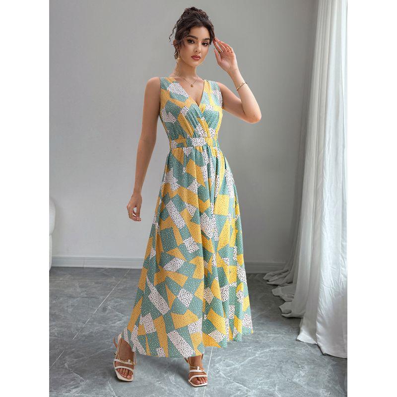 

Fashion Asymmetrical Geometric Sleeveless Dress V Neck Temperament Waist-Controlled Slimming Large Hem Dress Multi-Color S