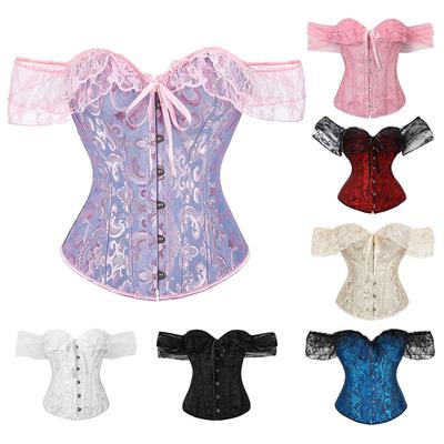 Women Lace Trim Boned Corset Waist Shaper Bustier Top Outer Wear