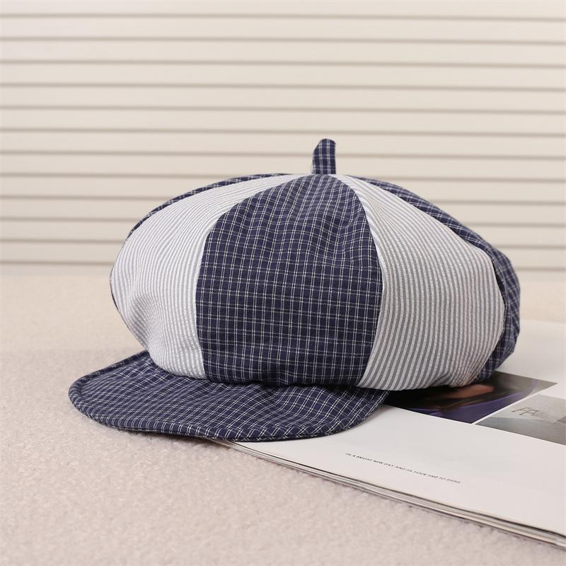 Plaid beret female summer retro painter hat big head circumference showing face small newsboy hat spring and autumn cloud octagonal hat