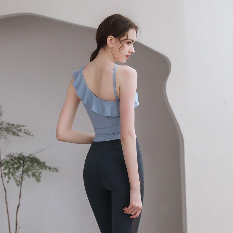 Spaghetti-Strap Ruffle Yoga Clothing Top Sexy Cropped Women's Summer Yoga Short Sleeve Nude Feel Tank Top Tights