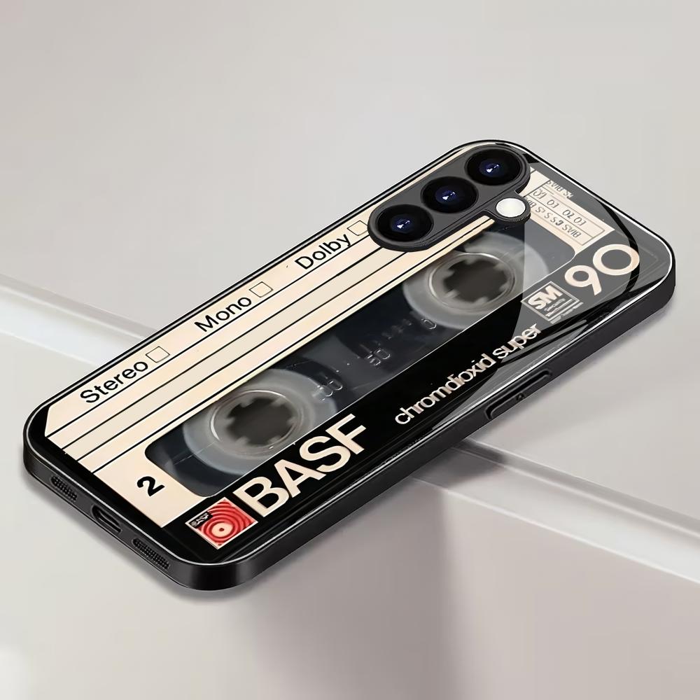 Retro-Kassetten-Hartglas-Handyhülle geeignet für Samsung Galaxy S26 S25 S24 S23 S22 S20 FE/Ultra/Plus stoßfeste Rückseite