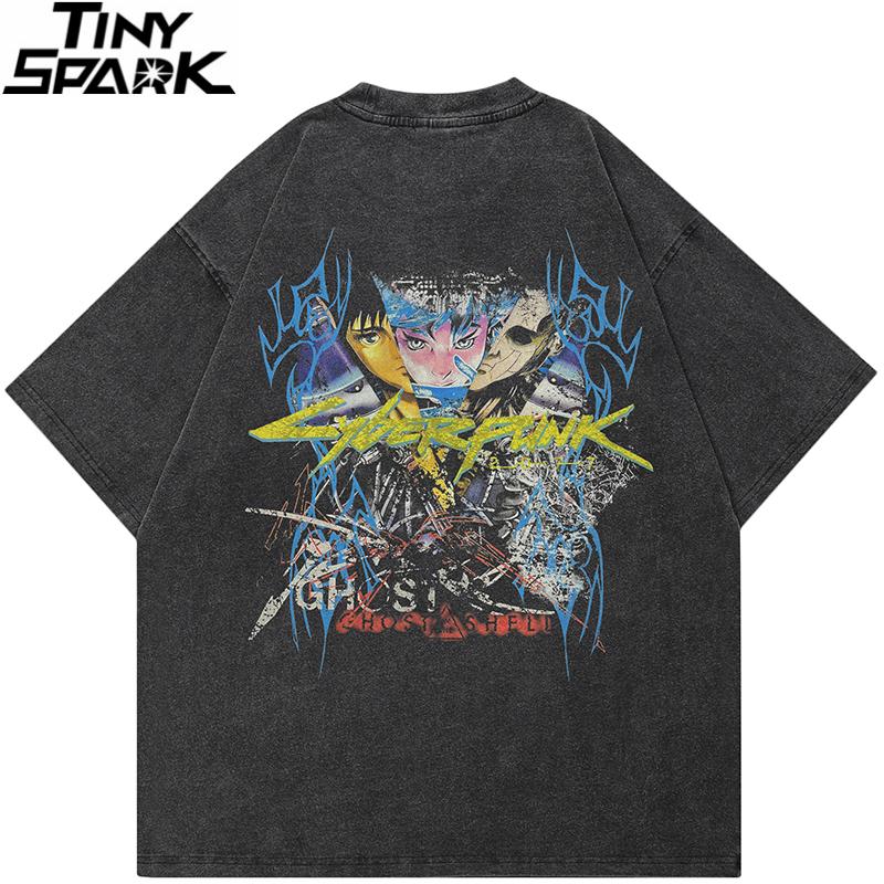 Hip Hop Faded Black TShirt Streetwear Anime Cartoon Devil Graphic T Shirt Printed Men Tshirt Cotton Tops Tees Hipster