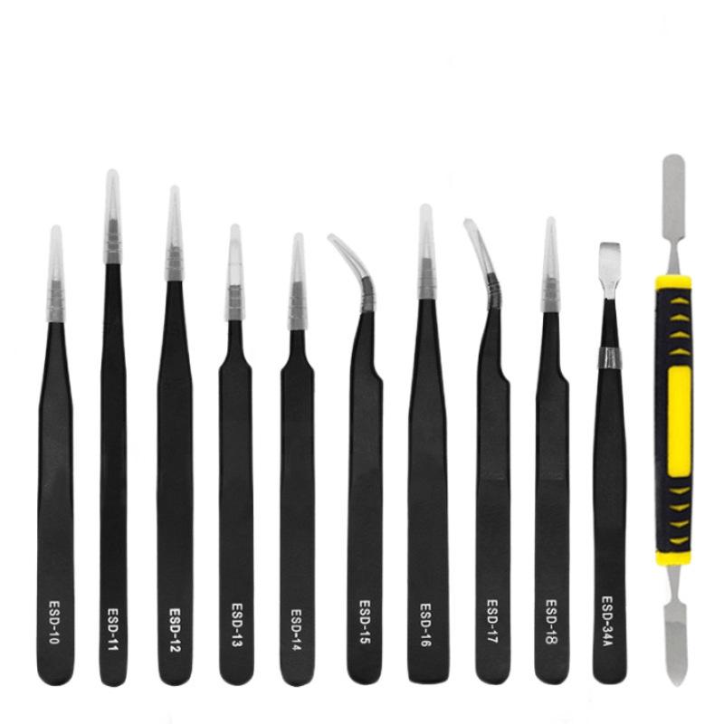 Black Anti-static Stainless Steel Bent Tip Tweezers Set for Nail Art, Journaling, and Household Use