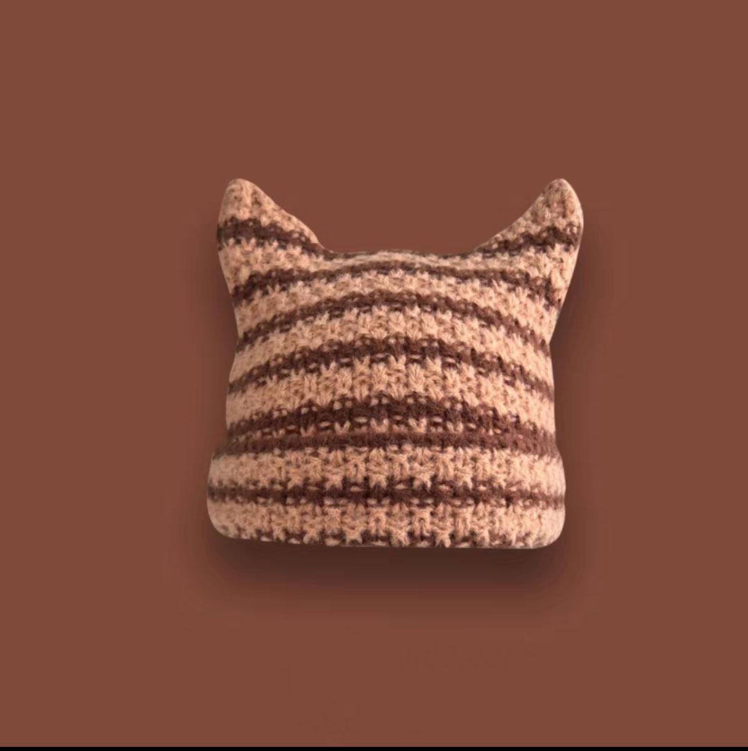 Mütze Ins Kleiner Teufel Gestreift Gestrickte Wollmütze Herbst Und Winter Häkeln Niedliche Katzenohren Spitze Pullover Damenmützen 56-58cm brown