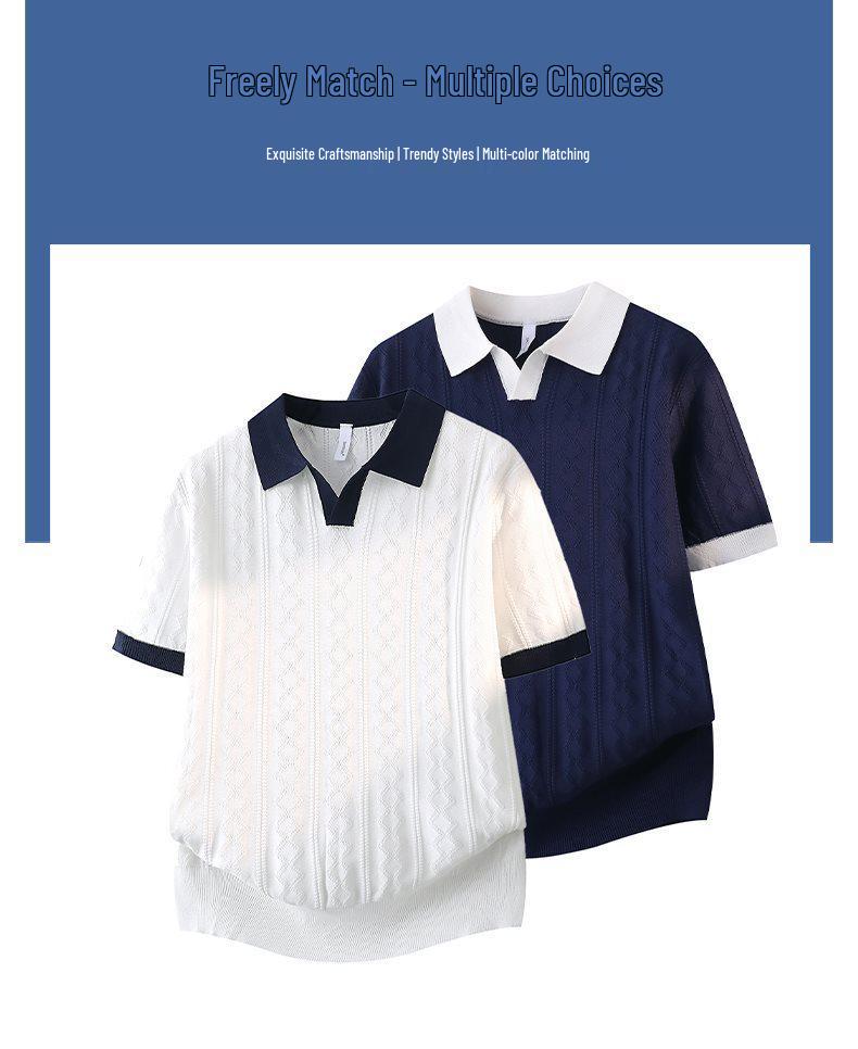 2026 Men's V-Neck Italian Color Block Short Sleeve Polo – Breathable, Trendy, Elastic Jacquard Texture for Summer