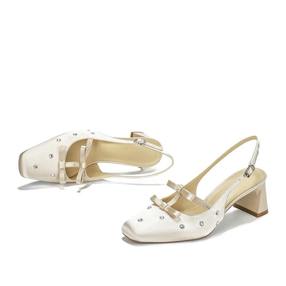 Fashion Heeled Sandals Back Empty Bow High Heels Women's 2025 New Summer Temperament Thick Heel Sandals Woman Shoes