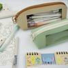 Morandi Color Double-Sided Leather Pencil Case with Transparent Window - Cross-Border 2024 Edition