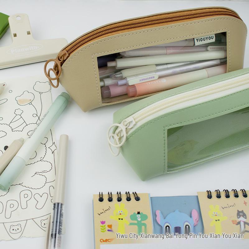 Morandi Color Double-Sided Leather Pencil Case with Transparent Window - Cross-Border 2024 Edition