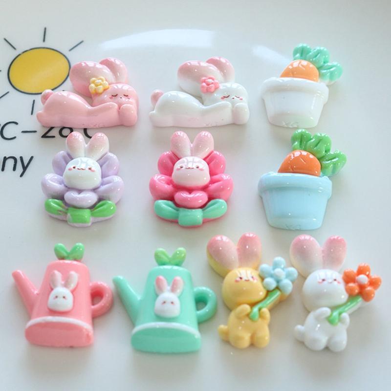 10 Pcs New Cute Cartoon Rabbit Flower Series Flat Back Resin Scrapbooking DIY Jewelry Hairpin Craft Decoration Accessorie