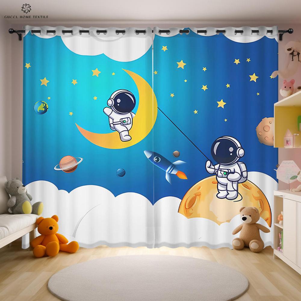 Cartoon Space Astronaut Curtains 2 Piece Puzzle Creative Printing Curtains Children's Room Kitchen Study Decorative Curtains
