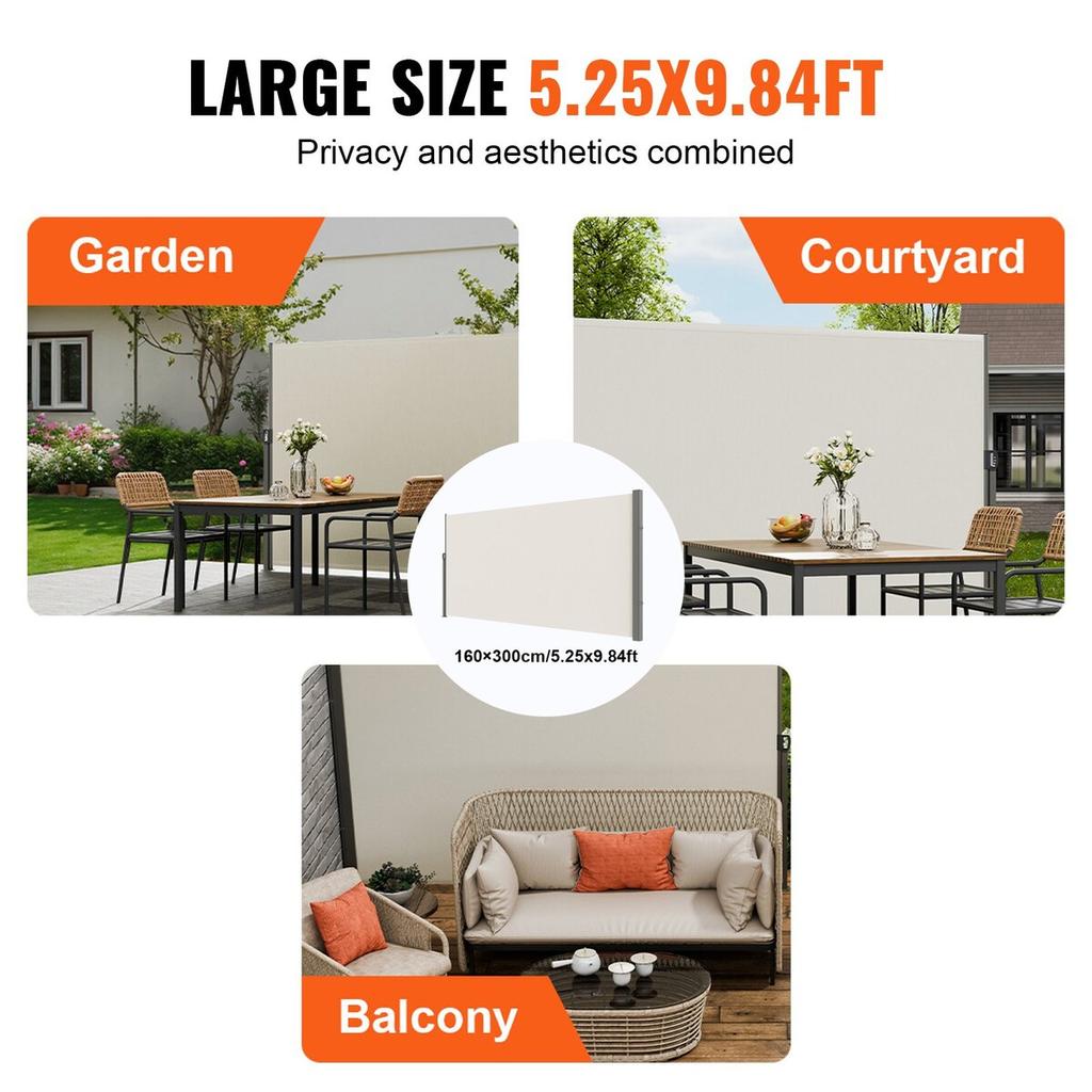 Einziehbare Seitenmarkise, 63''x 118'' Outdoor Sichtschutz, 180g Polyester Wasserdicht Einziehbarer Terrassen-Sichtschutz, UV 30+ Raumteiler Windschutz für