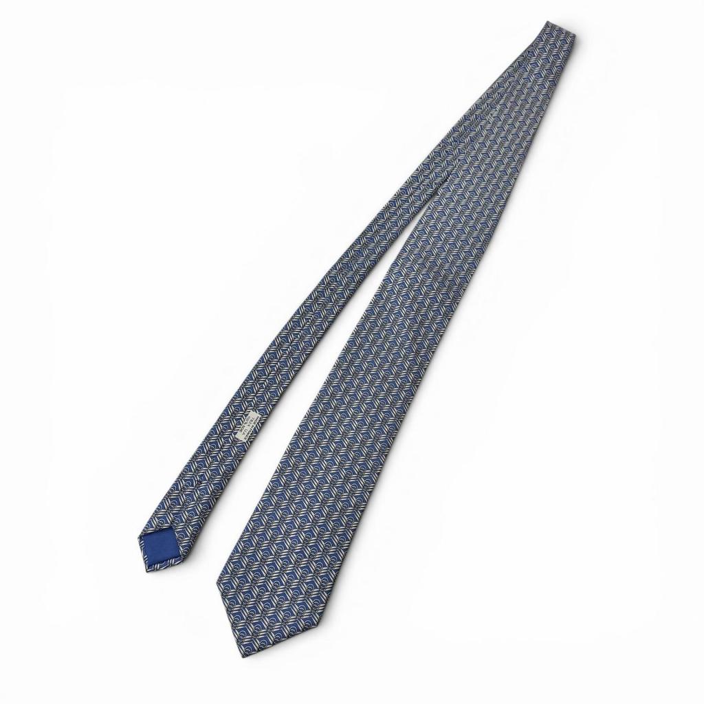 Excellent HERMES tie Horsebit all-over pattern blue silk Used