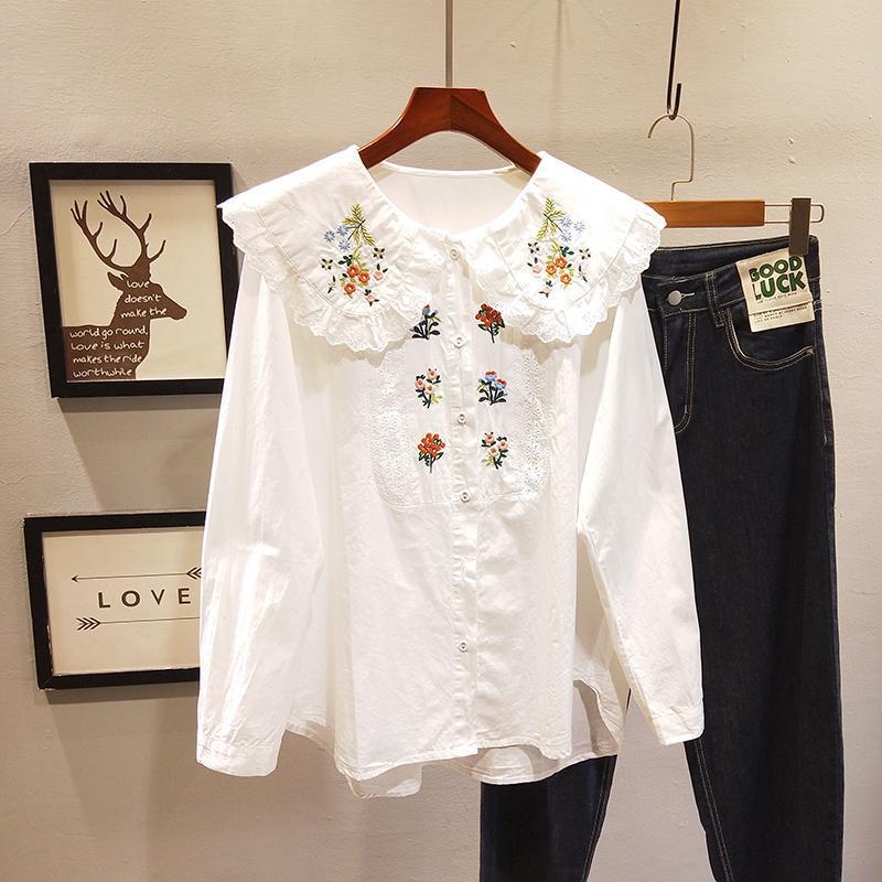 Damen Plus Size Bestickte Spitze Puppenkragen Langarmshirt - Frühling/Herbst Modischer Studentenstil
