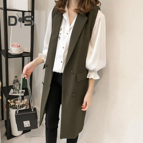 Høst Vår Dame Vest Nedrekket Krage Dobbeltspent Løs Ermeløse Knelengde Lommer Cardigan Ensfarget Daglig slitasje Vest Frakk