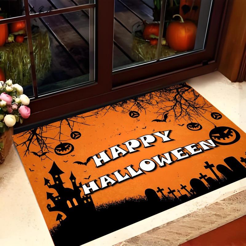 

Halloween Themed Door Mat Featuring Pumpkin Skeleton Bat Ghost Patterns Soft Decorative Entry Rug For Spooky Season Decorations 40x60cm