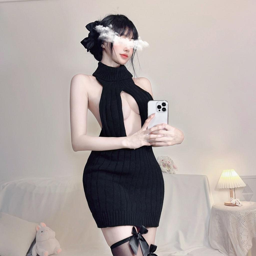 Sexy Lingerie Spring Pure Desire Backless Turtleneck Sleeveless Chest Leakage Knitted Sweater Uniform Temptation