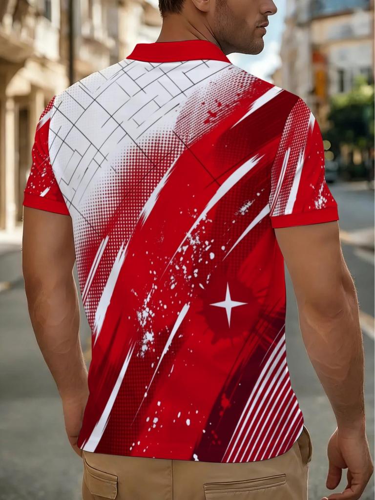 [Printed Design - Not Textured] Men's Fashion Trend Casual Polo Shirt, Men's Streetwear Brand Star Print Short Sleeve Polo with Red and White Color