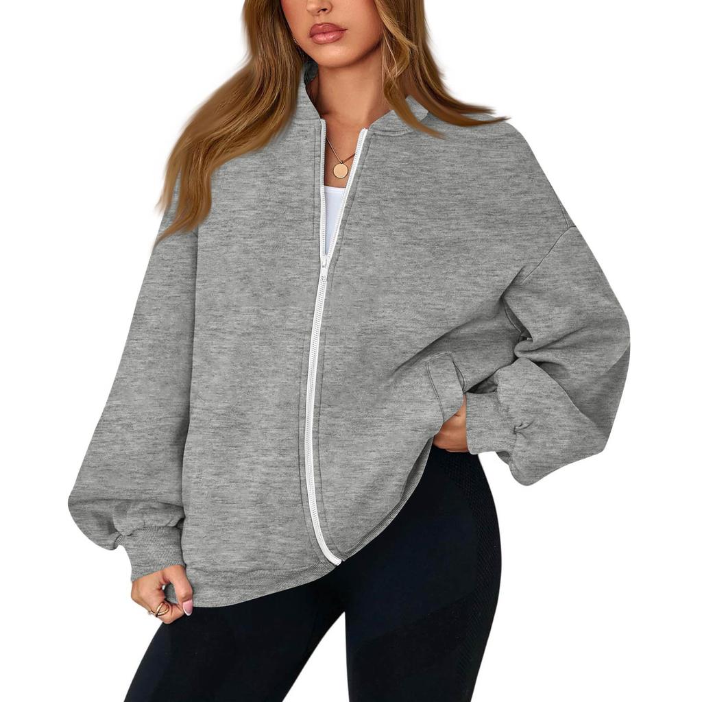 Damen Mode Langarm Farbe V-Ausschnitt Locker Oversize Reißverschluss Jacke