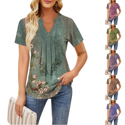 Women's Short Sleeve Casual V-neck Chest Pleated Printed Loose T-shirt Top