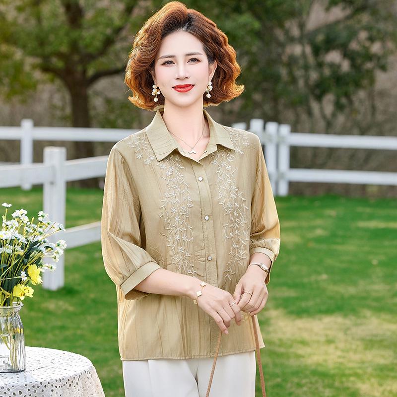 Mom s Stylish Summer Top - Fashionable Tummy-Covering Seven-Sleeve Blouse for Middle-Aged and Elderly Women 4XL хаки