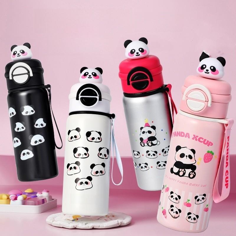 Panda Kids Portable Stainless Steel Thermos With Reusable Straws For School And Outdoors