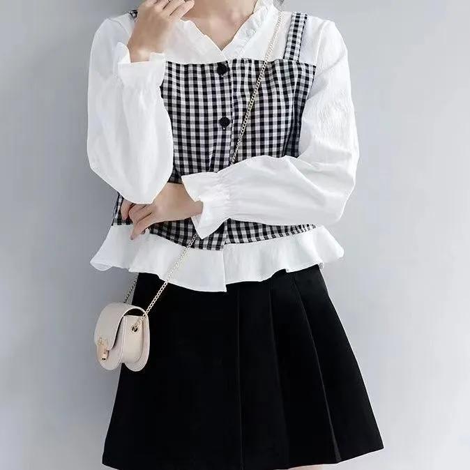 

Женская весенняя рубашка свободного кроя с длинным рукавом и V-образным вырезом, клетчатый топ XL белый