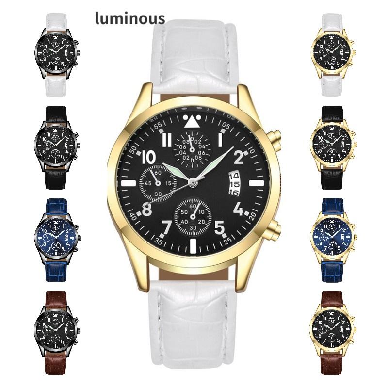 Stylish Men's Watch With Night Light And Calendar Quartz Pointer Display Leather Strap 98001 Belt Style)