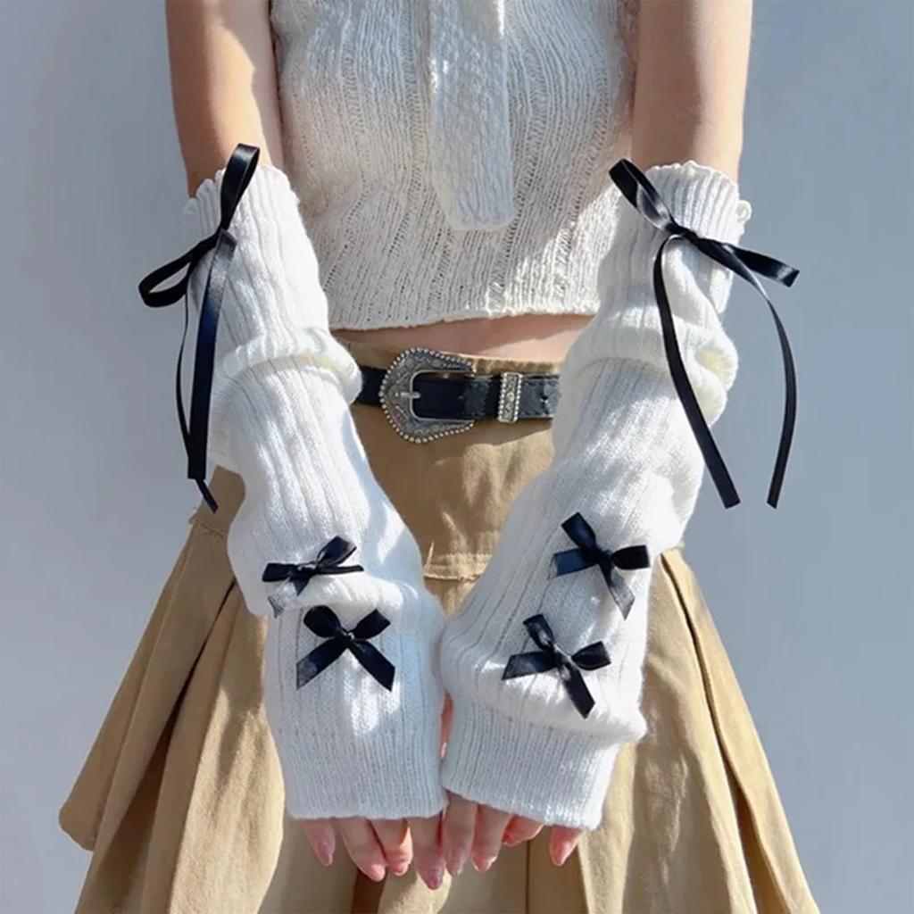 Y2K Mote Armvarmere Strikkede Sløyfehansker for Kvinner og Jenter Halvfinger Votter Ensfarget Tykke Armermer