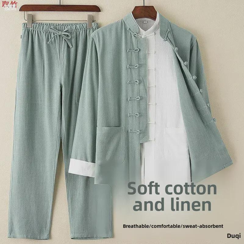 Jarní a letní oblek Tang: Retro třídílný bavlněno-lněný komplet v čínském stylu s knoflíkovým stojáčkem