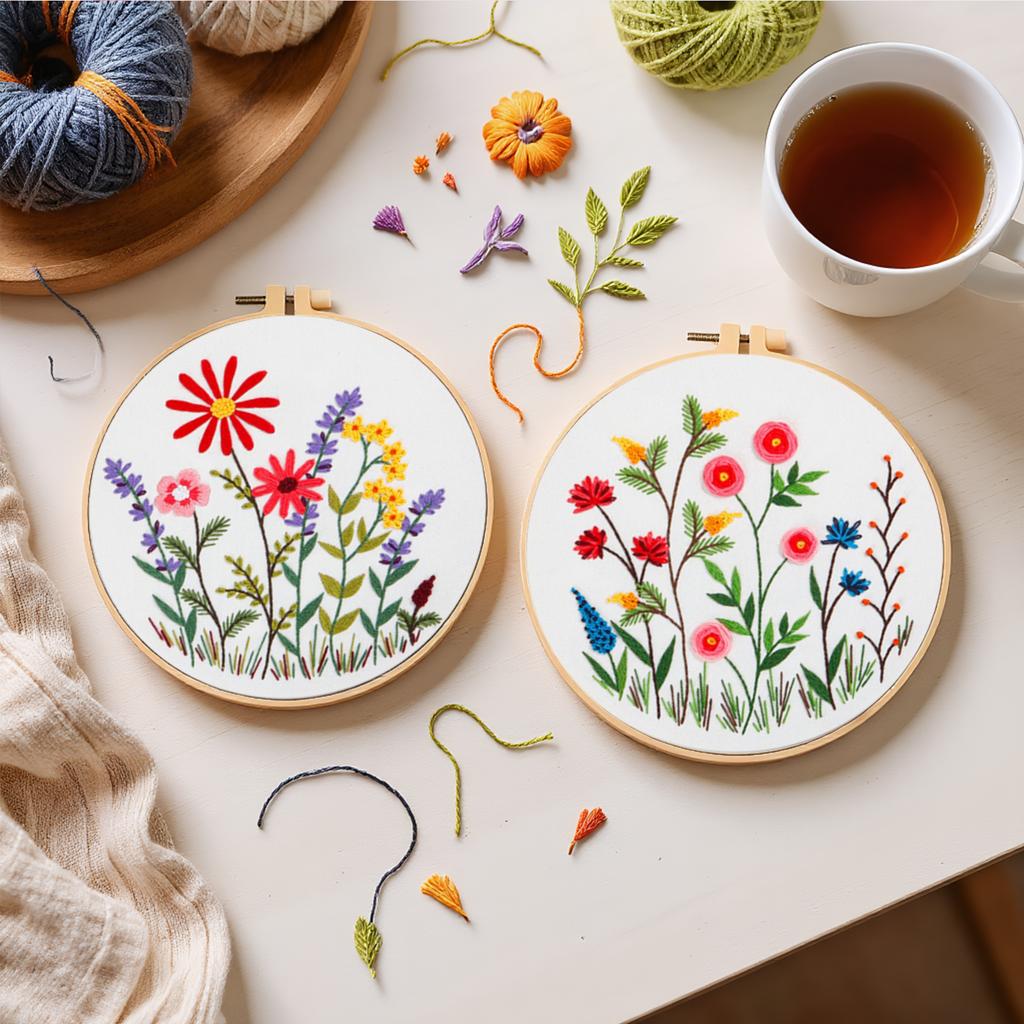 4 Pack Flowers DIY Embroidery Kit with Embroidery Hoop Embroidery Starter Kit 30x30cm for Adult Beginners Gift for Women