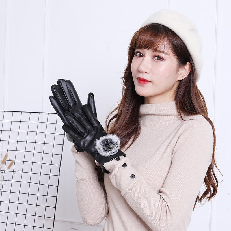 New Winter Women's Warm Touch Screen Leather Gloves Cycling Electric Car Hairball Pu Leather Thickened Velvet Gloves