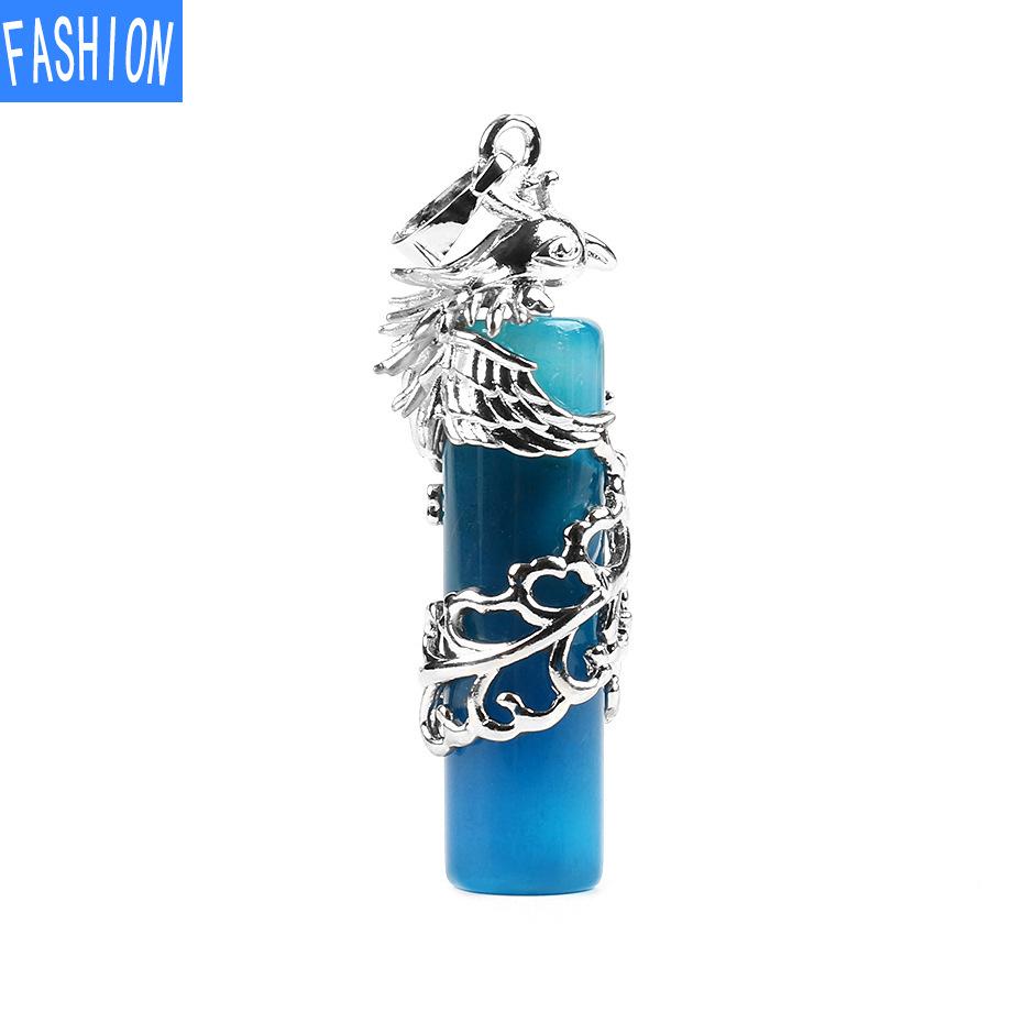 Creative Mascot Wrapped Natural Stone Cylindrical Pendant And Pink Crystal Necklace