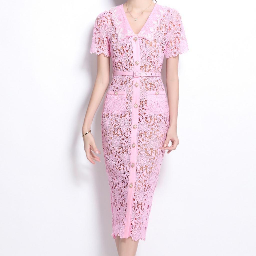 Women's Peter Pan Collar Short Sleeve Lace Sheath Dress High Waist Elegant Long Dress