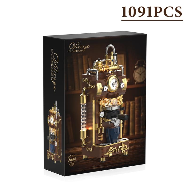 Creative Retro Steam Coffee Machine Building Blocks Classic Punk Espresso Machine With Light MOC Bricks Home Decoration Toy Gift
