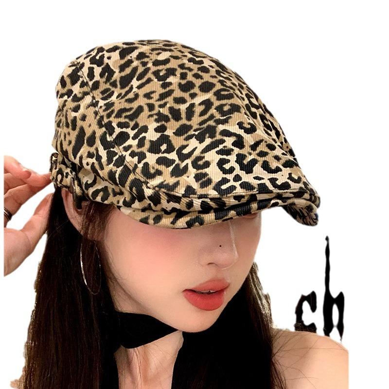 Forward Hat Niche Design Sense American Retro Spice Girl Leopard Print Duckbill Hat Women's Summer Thin Fashion Beret