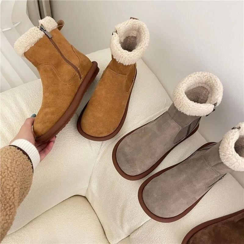 2024 New Winter Women's Fur Short Boots Plush Thick Warm Flat Thick-soled Cotton Shoes Women's Suede Snow Boots Botas Mujer