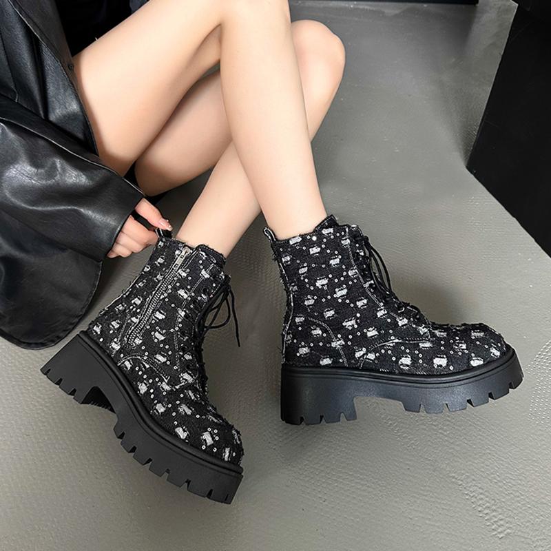 Punk Sequins Chunky Platform Ankle Boots for Women 2024 Y2K Patchwork Thick Bottom Denim Boots Woman Black Gothic Booties Mujer