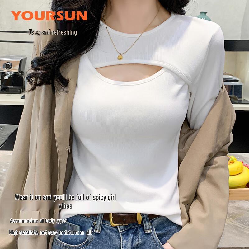 Yiershuang Women's Hollow Design Slim-Fit Long Sleeve T-Shirt