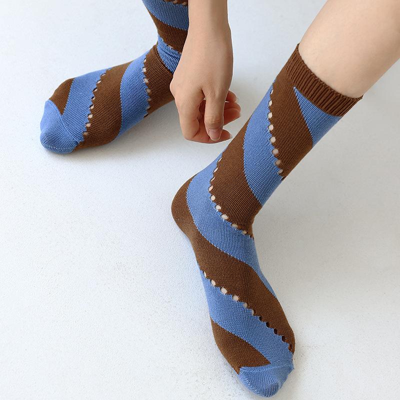 Diagonal Striped Personalized Hole Socks for Women, Mid-calf Socks, Cotton Spring Sweat-absorbing Striped Thigh-high Socks