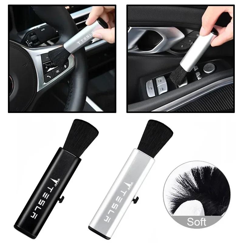 Car Sticker 2025 New Tesla Car Interior Cleaning Brush Portable Retractable Soft Hair Cleaner For Tesla Model Y S X 3 Roadster P