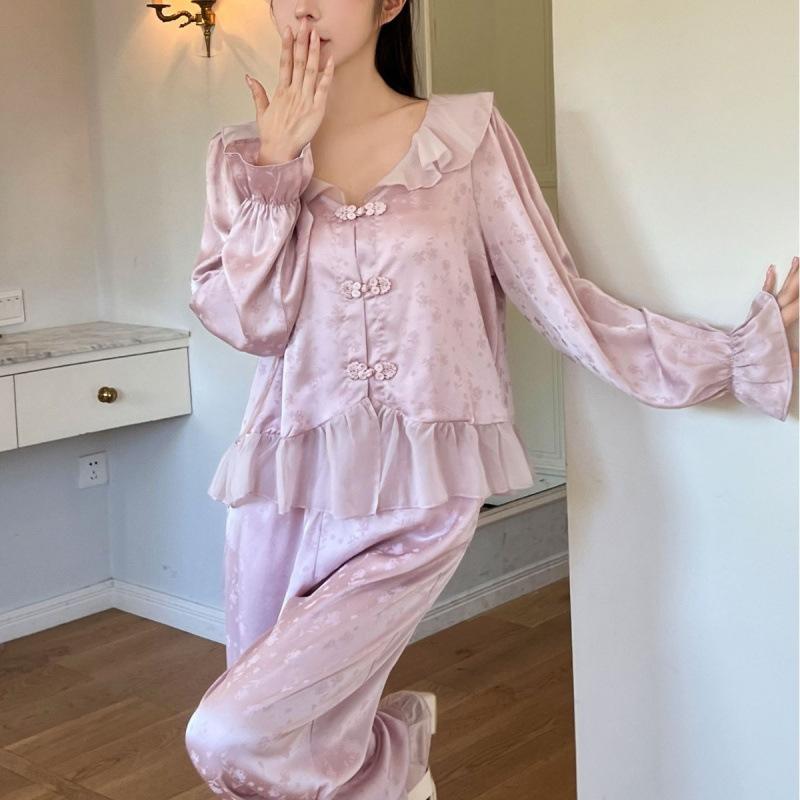 Spring and autumn new ice silk jacquard pajamas women's sweet long-sleeved court style high-end small fragrant style loungewear set