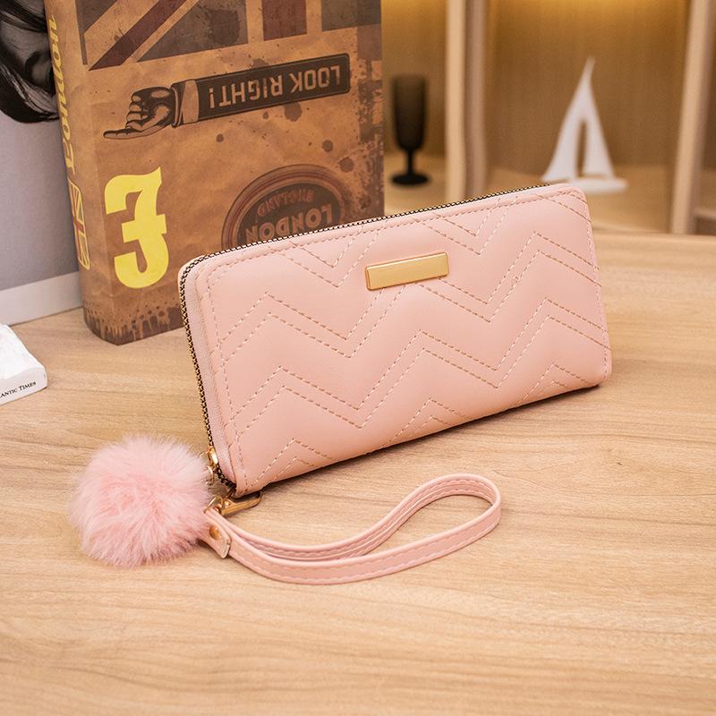 Autumn and Winter New Wallet Women's Long Zipper Hairball Mobile Phone Bag Solid Color Change Clip Handbag One Piece
