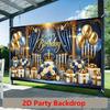 2D Happy Birthday Background Cloth Blue Gold with Candles, Gifts & Glitter Banner