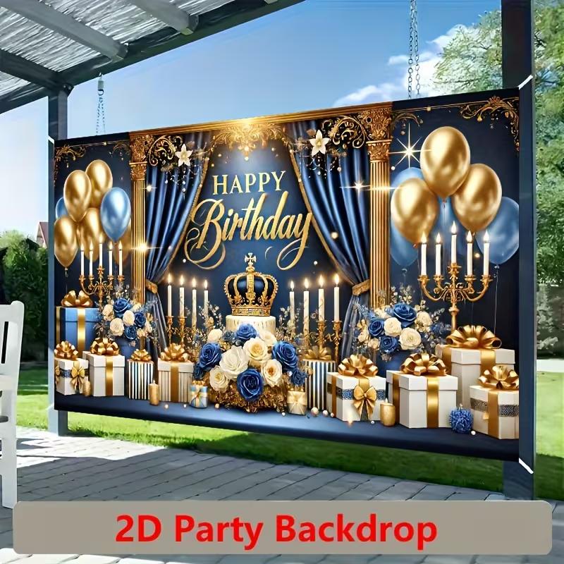 2D Happy Birthday Background Cloth Blue Gold with Candles, Gifts & Glitter Banner